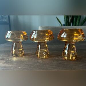 Set of 3 Amber Glass Mushroom Candle Holders Votive or Candlestick 3”